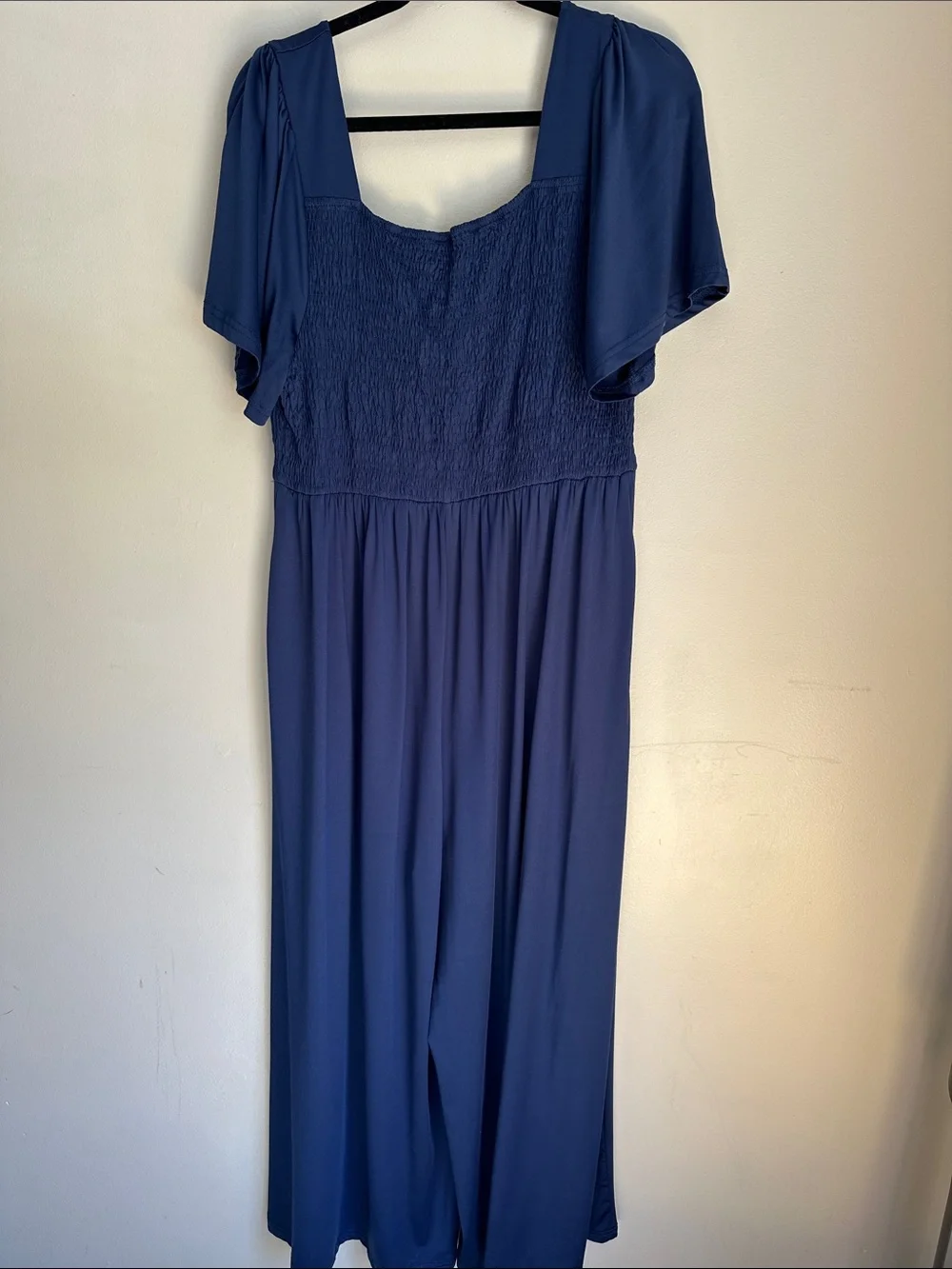 Navy Blue Wide-Leg Smocked Jumpsuit With Short Sleeves and pockets, 2XL
